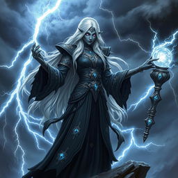 A striking drow sorceress channeling thunder magic, with dark skin and long white hair that flows dramatically, sparkling as if electrified