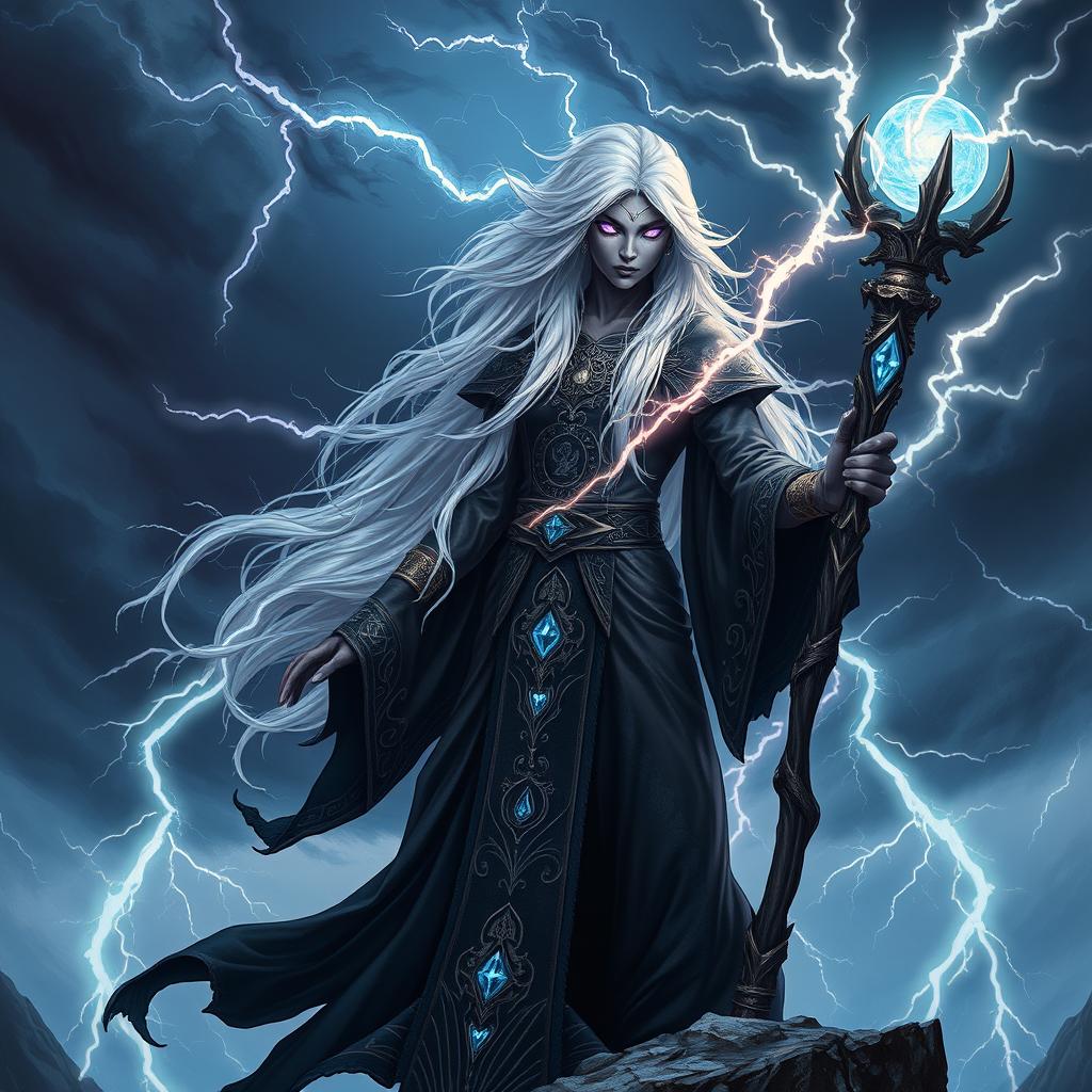 A striking drow sorceress channeling thunder magic, with dark skin and long white hair that flows dramatically, sparkling as if electrified