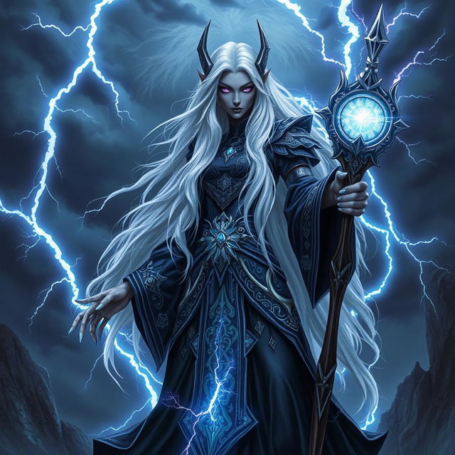 A striking drow sorceress channeling thunder magic, with dark skin and long white hair that flows dramatically, sparkling as if electrified