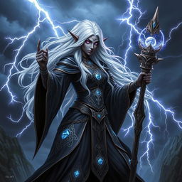 A striking drow sorceress channeling thunder magic, with dark skin and long white hair that flows dramatically, sparkling as if electrified