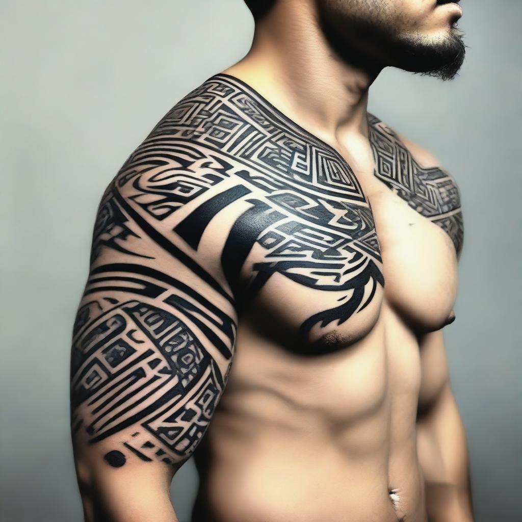 Generate a detailed and complex tattoo design featuring bold tribal patterns, suitable for men.