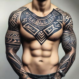 Generate a detailed and complex tattoo design featuring bold tribal patterns, suitable for men.