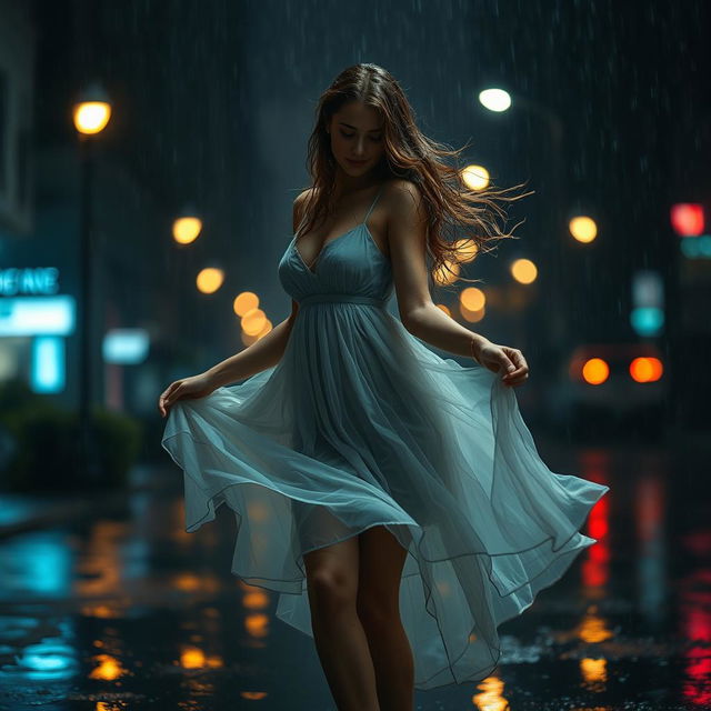 A beautiful woman standing gracefully in the rain, her hair cascading down in wet waves and droplets clinging to her skin