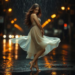 A beautiful woman standing gracefully in the rain, her hair cascading down in wet waves and droplets clinging to her skin