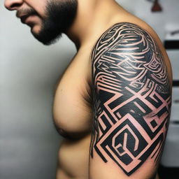 Generate a detailed and complex tattoo design featuring bold tribal patterns, suitable for men.