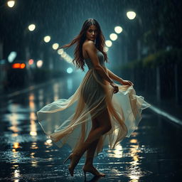 A beautiful woman standing gracefully in the rain, her hair cascading down in wet waves and droplets clinging to her skin