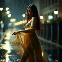 A beautiful woman standing gracefully in the rain, her hair cascading down in wet waves and droplets clinging to her skin