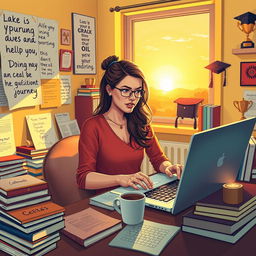 A vibrant and inspiring scene depicting a young woman fully engaged in her ambitious journey towards success