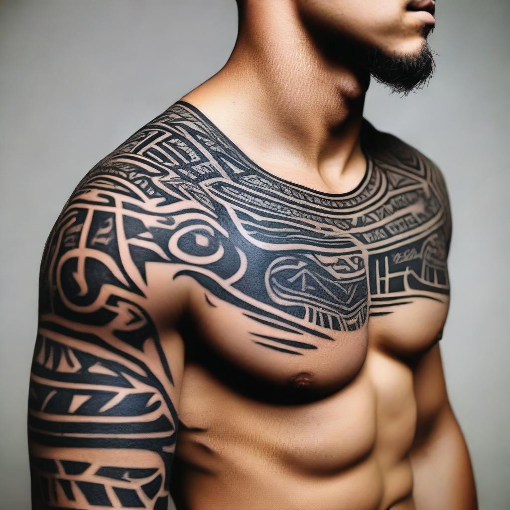 Generate a detailed and complex tattoo design featuring bold tribal patterns, suitable for men.