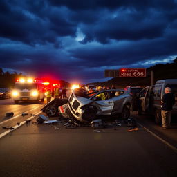 A dramatic highway scene depicting a serious road accident on Road 666
