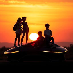 A group of five friends enjoying a vibrant sunset scene where two girls and three boys are perched on top of a futuristic car