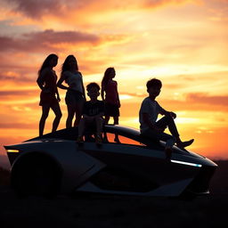 A group of five friends enjoying a vibrant sunset scene where two girls and three boys are perched on top of a futuristic car