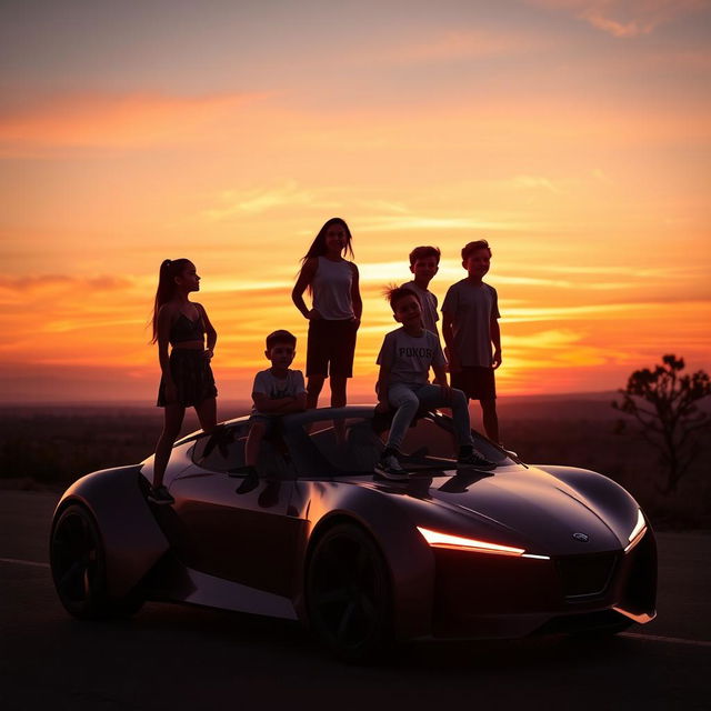 A group of five friends enjoying a vibrant sunset scene where two girls and three boys are perched on top of a futuristic car