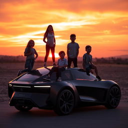 A group of five friends enjoying a vibrant sunset scene where two girls and three boys are perched on top of a futuristic car