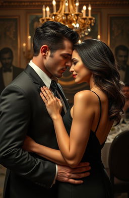 A dramatic scene depicting a romance between a mafia billionaire woman and a ruggedly handsome man who are enemies in the underworld