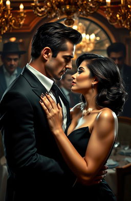 A dramatic scene depicting a romance between a mafia billionaire woman and a ruggedly handsome man who are enemies in the underworld
