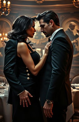 A dramatic scene depicting a romance between a mafia billionaire woman and a ruggedly handsome man who are enemies in the underworld