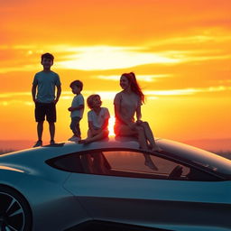 A vibrant sunset backdrop with five friends on top of a sleek, futuristic car