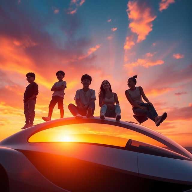 A vibrant sunset backdrop with five friends on top of a sleek, futuristic car