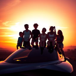 A vibrant sunset backdrop with five friends on top of a sleek, futuristic car