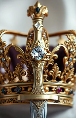 A realistic, ornate crown made of gold and studded with precious jewels, prominently featuring a shimmering diamond at the center