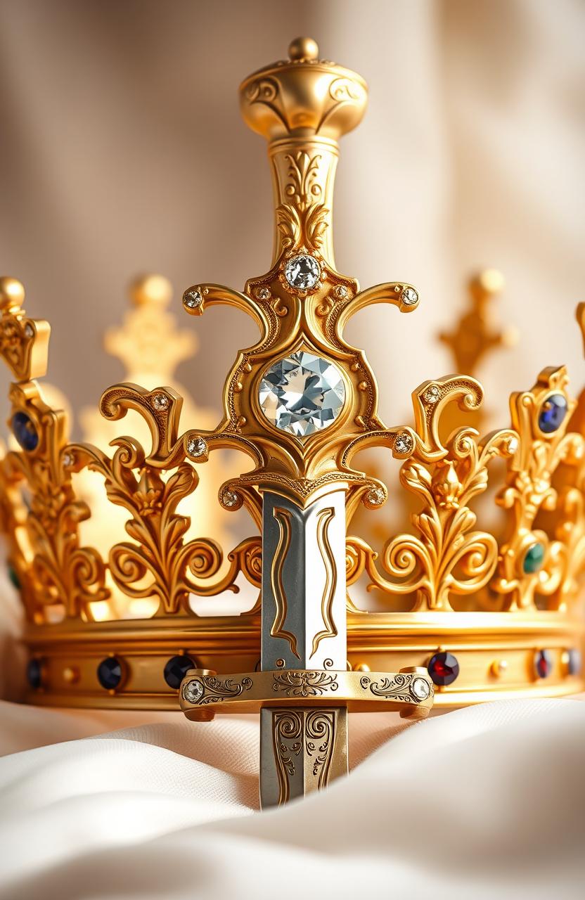 A realistic, ornate crown made of gold and studded with precious jewels, prominently featuring a shimmering diamond at the center