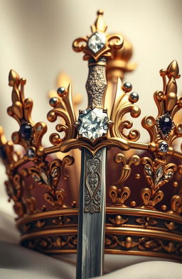 A realistic, ornate crown made of gold and studded with precious jewels, prominently featuring a shimmering diamond at the center