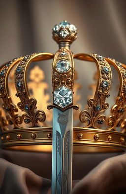 A realistic, ornate crown made of gold and studded with precious jewels, prominently featuring a shimmering diamond at the center
