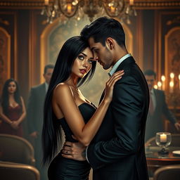 A captivating scene of a mafia billionaire romance between a woman with striking green eyes and long straight black hair, and a young handsome man who is her enemy in the mafia world