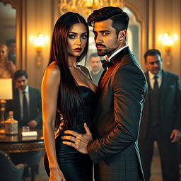 A captivating scene of a mafia billionaire romance between a woman with striking green eyes and long straight black hair, and a young handsome man who is her enemy in the mafia world