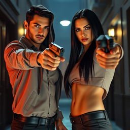 An intense scene capturing the climactic moment between a mafia billionaire woman with striking green eyes and long straight black hair, and a ruggedly handsome man who is her enemy in the mafia