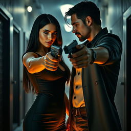 An intense scene capturing the climactic moment between a mafia billionaire woman with striking green eyes and long straight black hair, and a ruggedly handsome man who is her enemy in the mafia