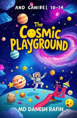 A captivating book cover design for 'The Cosmic Playground' by MD Danesh Rafin, aimed at children aged 10-14