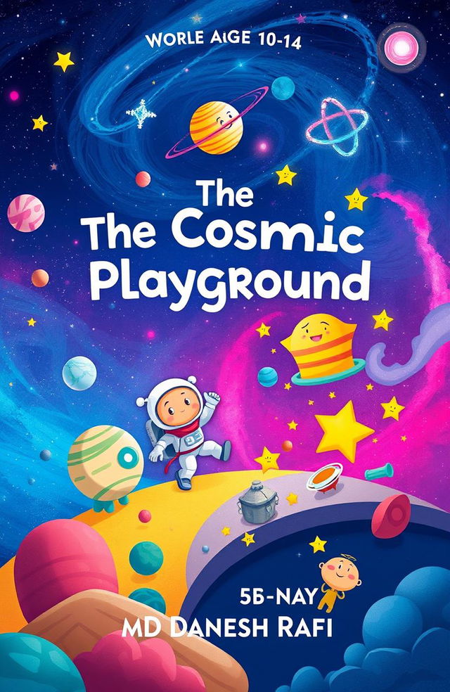 A captivating book cover design for 'The Cosmic Playground' by MD Danesh Rafin, aimed at children aged 10-14