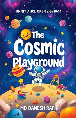 A captivating book cover design for 'The Cosmic Playground' by MD Danesh Rafin, aimed at children aged 10-14