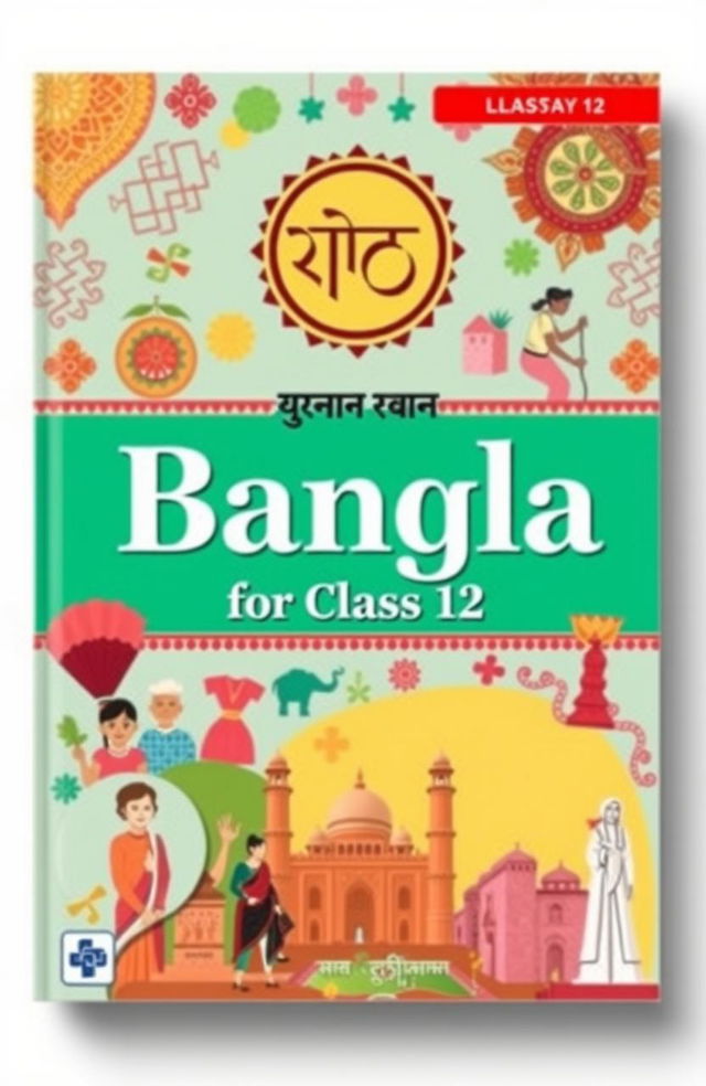 An academic book cover design for a class 12 Bangla subject, featuring vibrant colors and engaging visual elements related to Bangla literature and culture