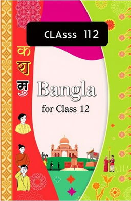 An academic book cover design for a class 12 Bangla subject, featuring vibrant colors and engaging visual elements related to Bangla literature and culture
