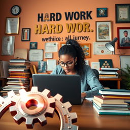A dynamic and inspiring scene featuring a young woman diligently working at her desk, surrounded by symbols representing hard work and determination
