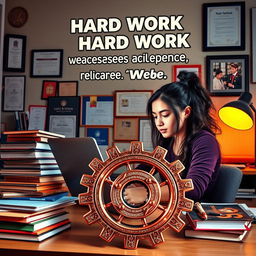 A dynamic and inspiring scene featuring a young woman diligently working at her desk, surrounded by symbols representing hard work and determination