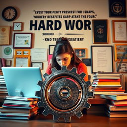 A dynamic and inspiring scene featuring a young woman diligently working at her desk, surrounded by symbols representing hard work and determination
