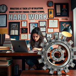 A dynamic and inspiring scene featuring a young woman diligently working at her desk, surrounded by symbols representing hard work and determination