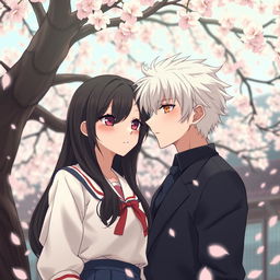 A romantic scene from the spy fiction novel 'Philtre of Fate', illustrating the blossoming relationship between Takashi and Suiren