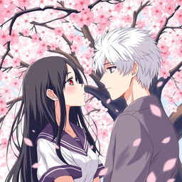 A romantic scene from the spy fiction novel 'Philtre of Fate', illustrating the blossoming relationship between Takashi and Suiren