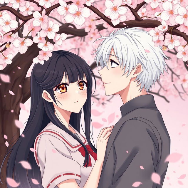 A romantic scene from the spy fiction novel 'Philtre of Fate', illustrating the blossoming relationship between Takashi and Suiren