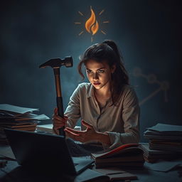 A dramatic and powerful scene featuring a determined young woman embodying the theme of hard work and revenge