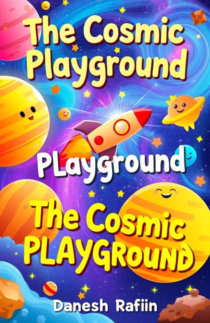 A children's book cover for 'The Cosmic Playground' by Danesh Rafin, featuring vibrant illustrations of a colorful outer space scene