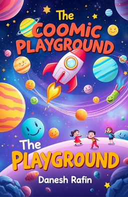 A children's book cover for 'The Cosmic Playground' by Danesh Rafin, featuring vibrant illustrations of a colorful outer space scene
