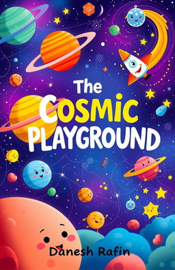 A children's book cover for 'The Cosmic Playground' by Danesh Rafin, featuring vibrant illustrations of a colorful outer space scene