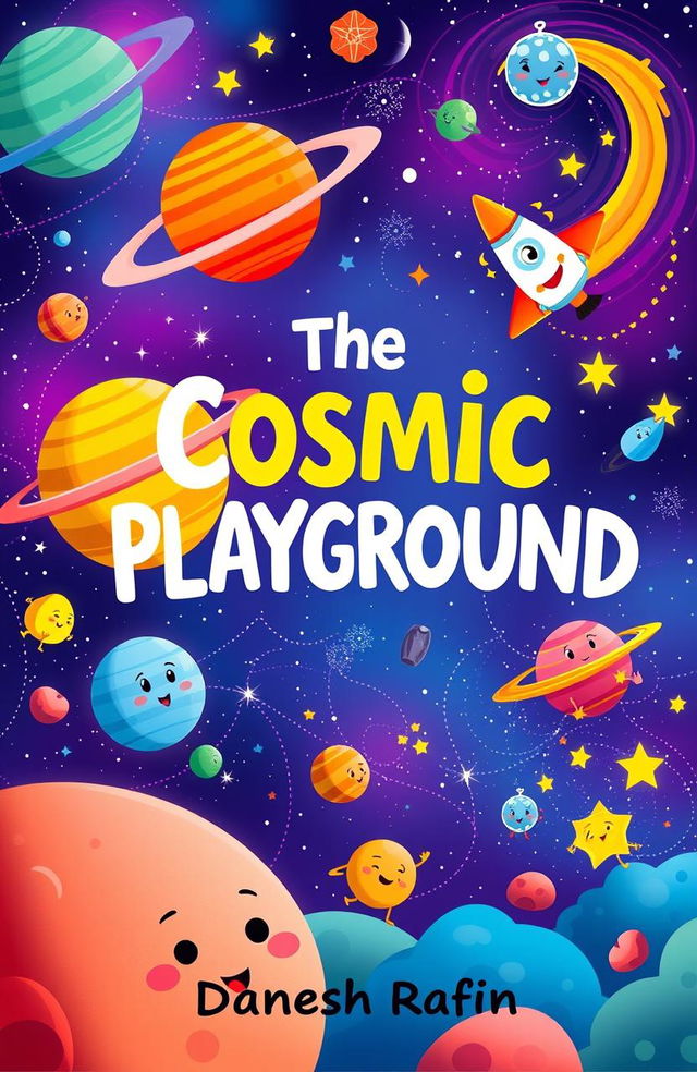 A children's book cover for 'The Cosmic Playground' by Danesh Rafin, featuring vibrant illustrations of a colorful outer space scene