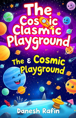A children's book cover for 'The Cosmic Playground' by Danesh Rafin, featuring vibrant illustrations of a colorful outer space scene